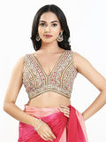 Cream Multi Georgette V-neck sleeveless blouse with built-in padding