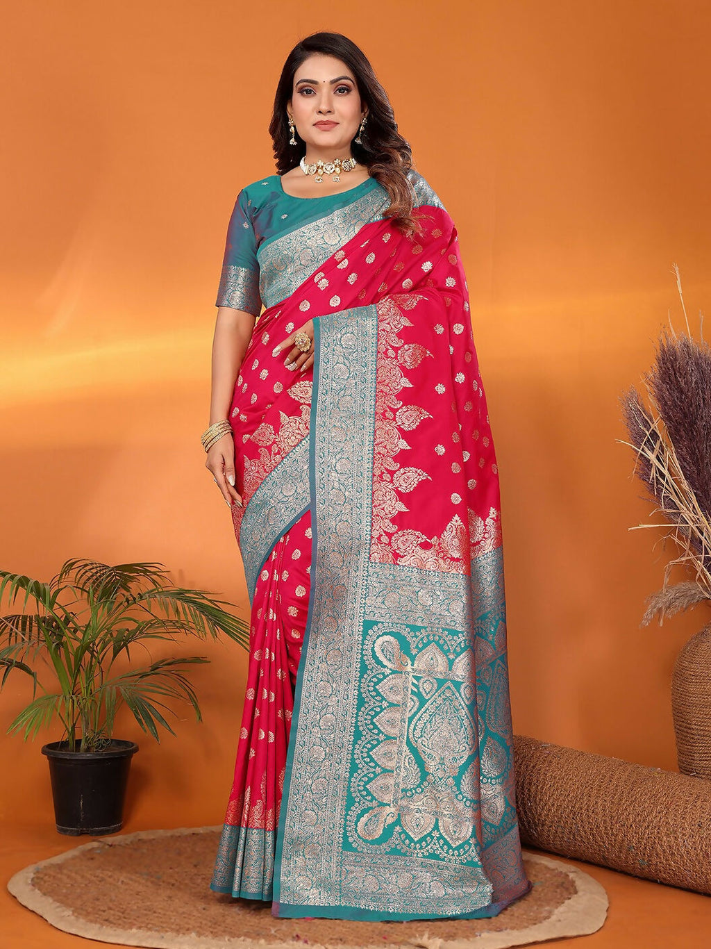 Hot pink Banarasi woven soft silk saree for women