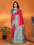Hot pink Banarasi woven soft silk saree for women