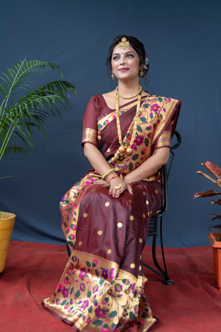 Brown Paithani Silk Saree with Zari Woven Details and Blouse