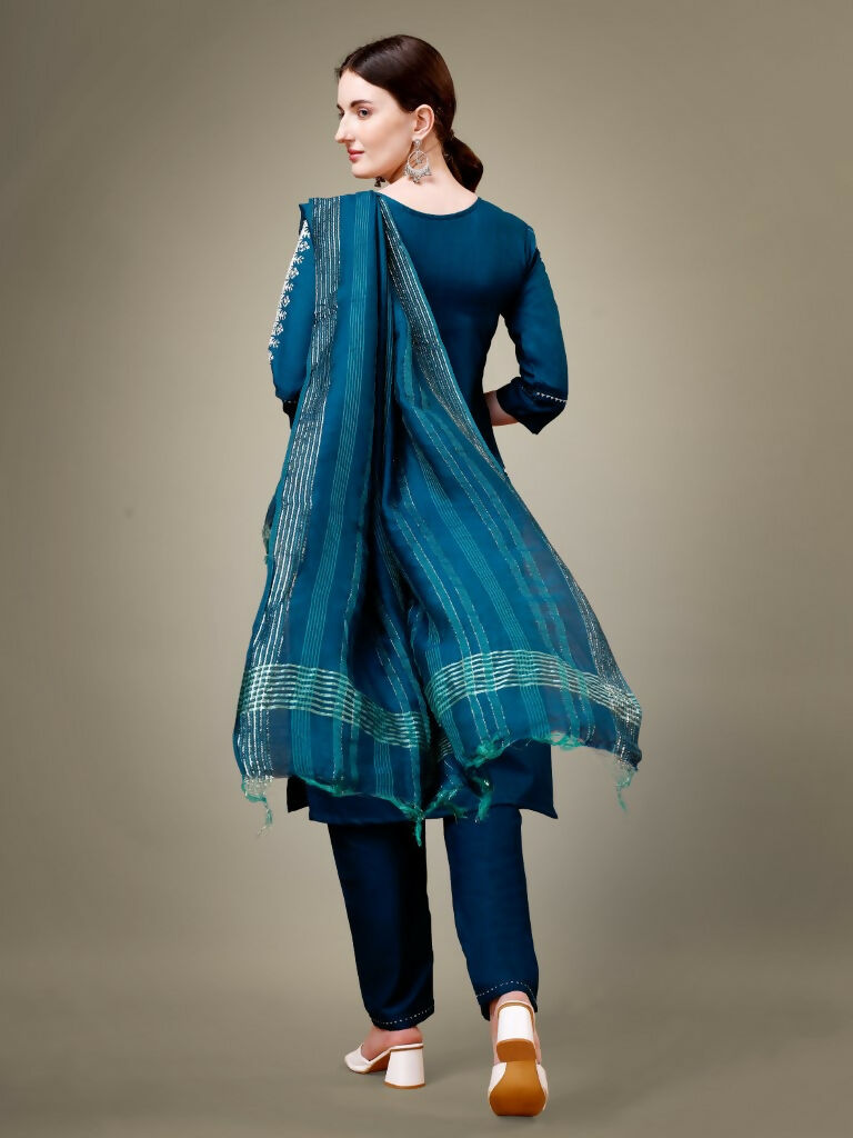 Teal and Dark Blue Geometric Print Cotton Kurta Set