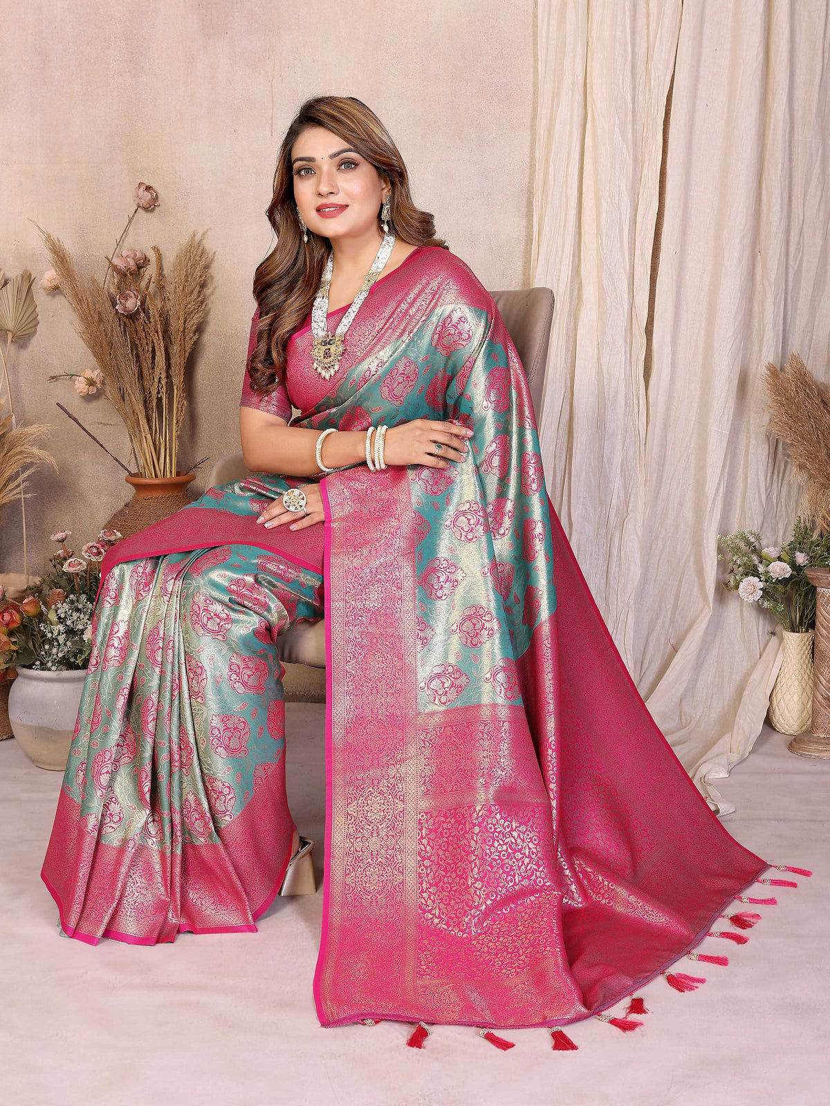 Aqua Banarasi Tissue Silk Saree with Pink Blouse - Traditional Weave