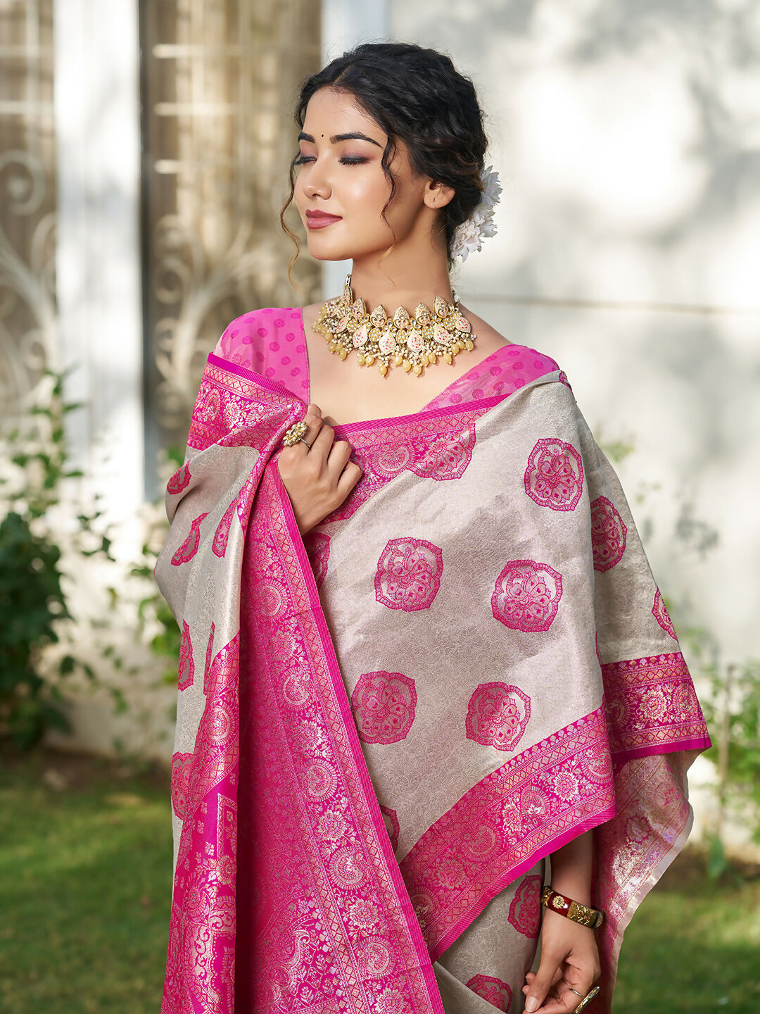 Cream and Pink Silk Blend Saree with Matching Blouse