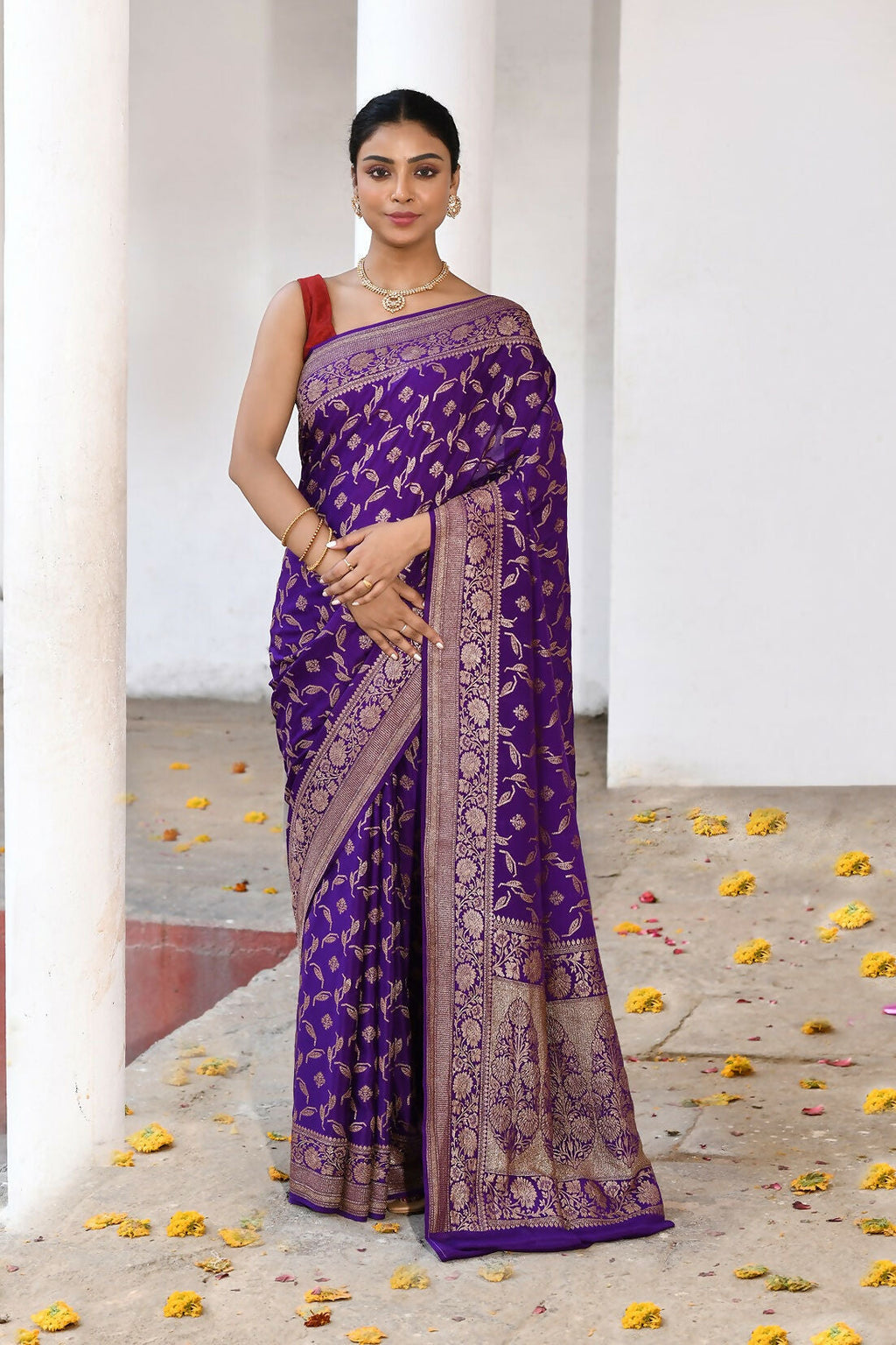 Purple crepe chiffon handloom Banarasi silk saree featuring delicate texture.