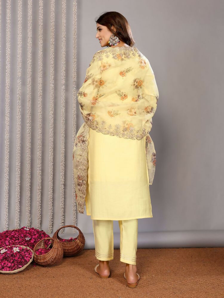 Pale Yellow Roman Embroidery Kurta Set