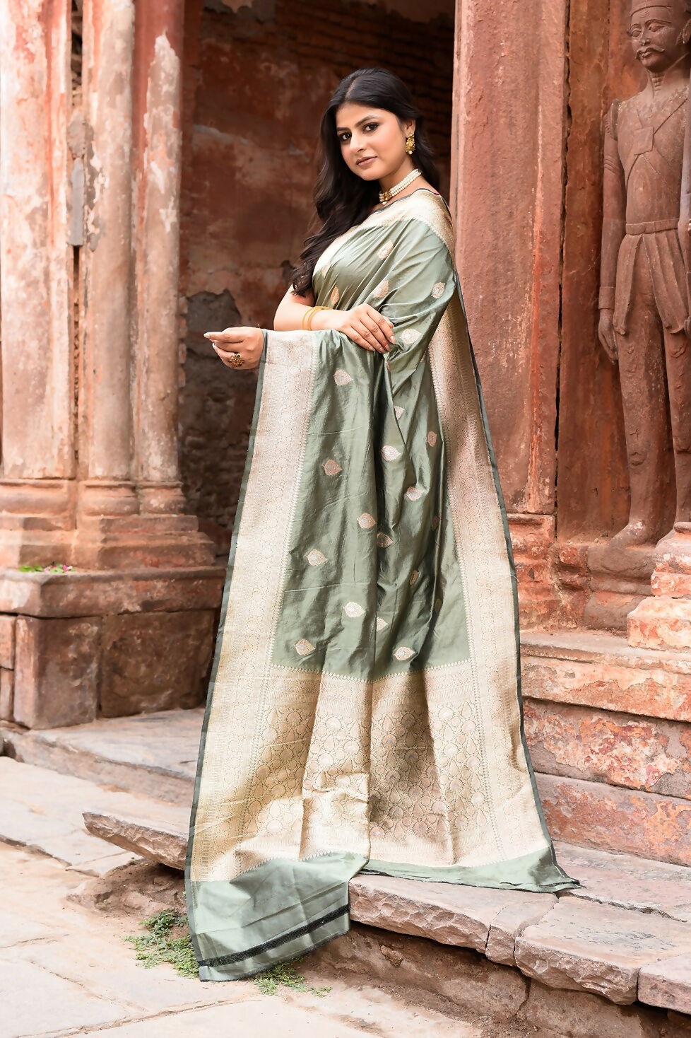 Dusty Olive Banarasi Katan Pure Handloom Silk Saree