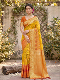 Vibrant yellow soft silk saree with included matching blouse fabric