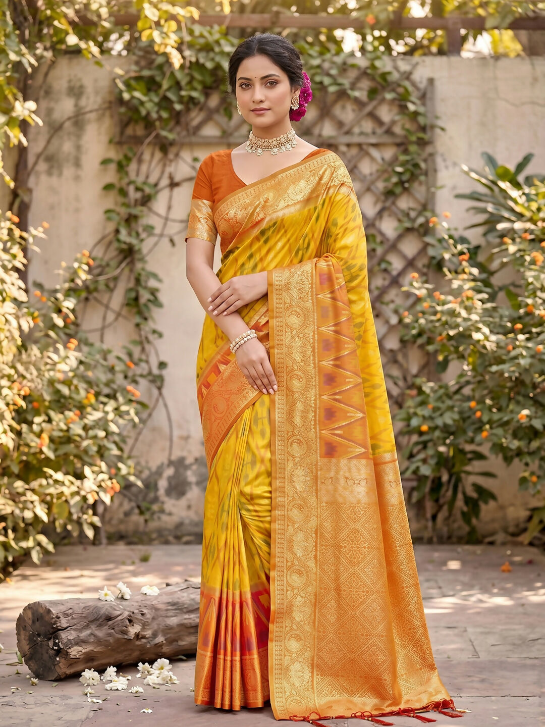 Vibrant yellow soft silk saree with included matching blouse fabric