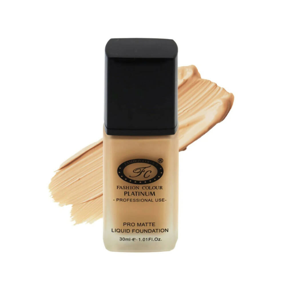 Fashion Colour Pro Matte Liquid Foundation bottle in Sand Banana shade with metallic silver and black packaging