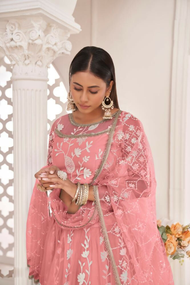 Gajari Butterfly Net Wedding Lehenga with Zari and Sequence Work