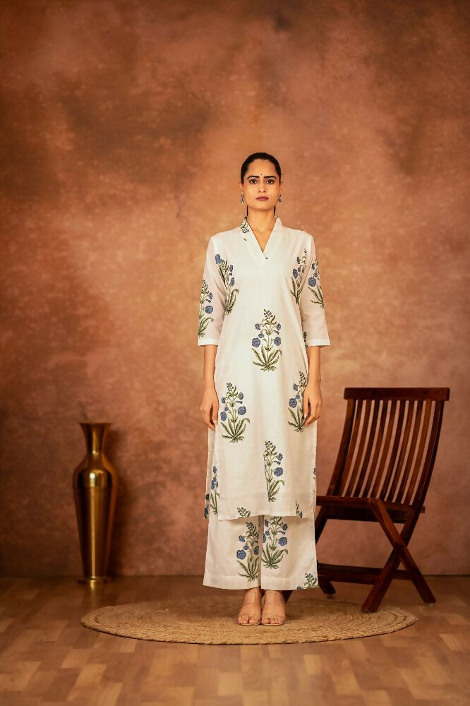 Off White and Blue Hand Block Printed Cotton Suit Set