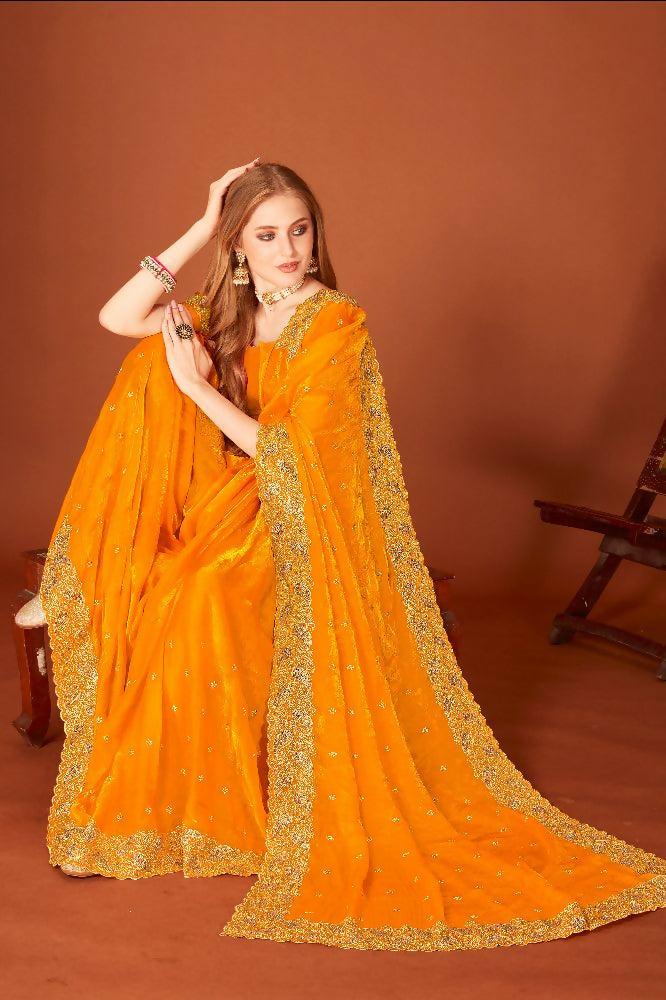 Mustard fendi silk saree with zari embroidery and siroski work