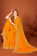 Mustard fendi silk saree with zari embroidery and siroski work