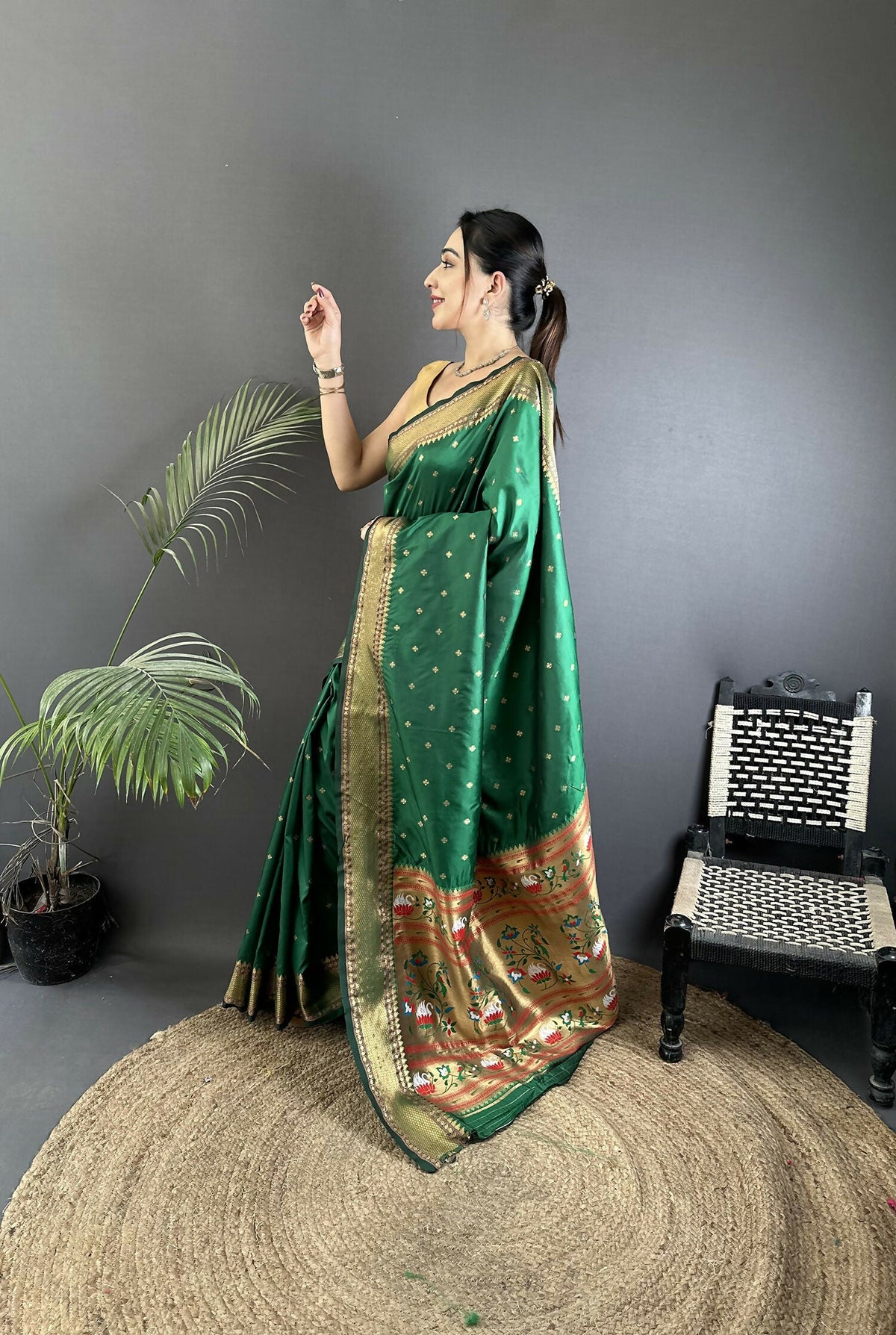Green Butti Woven Soft Lichi Silk Paithani Saree