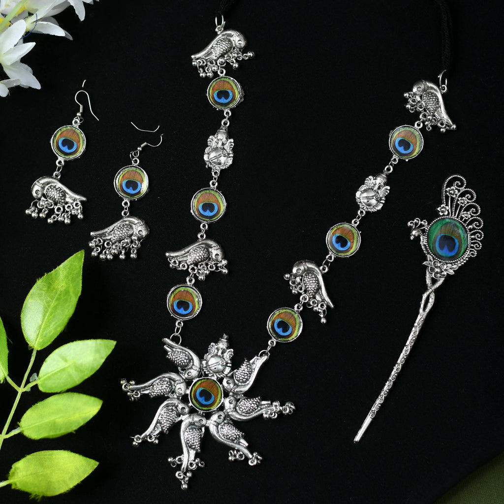 Peacock design long necklace set in oxidised silver-plated brass