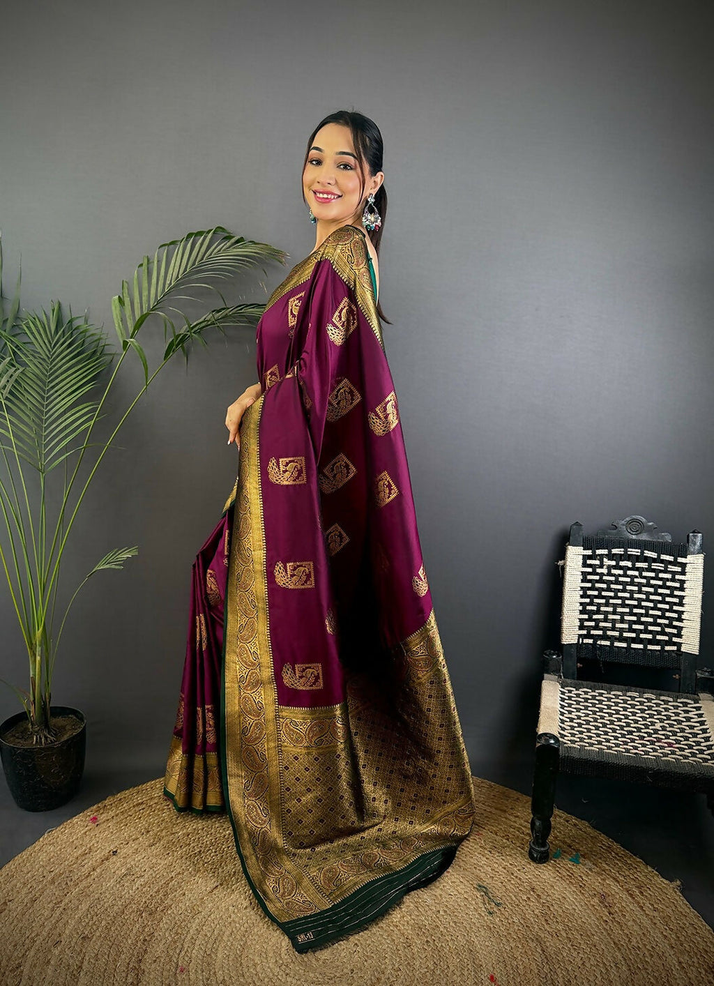 Black Peacock Banarasi Silk Saree with Unstitched Blouse