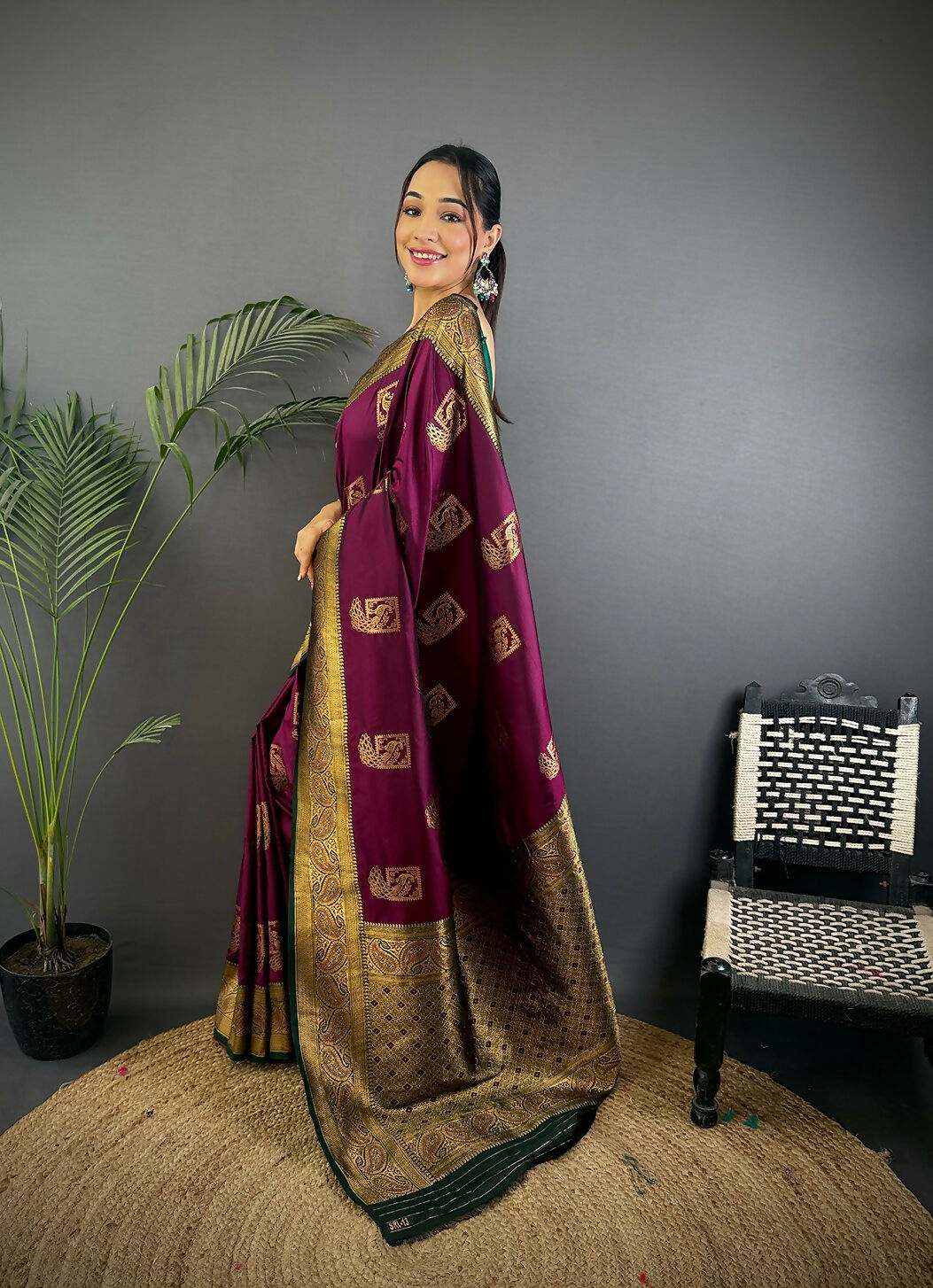 Black Peacock Banarasi Silk Saree with Unstitched Blouse