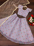 Elegant purple organza silk embroidered lehenga choli for young girls.