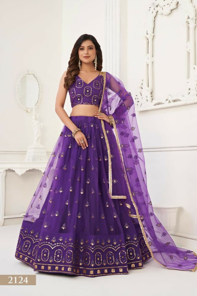 Purple Butterfly Net Lehenga Choli with sandwich sequence and thread embroidery.