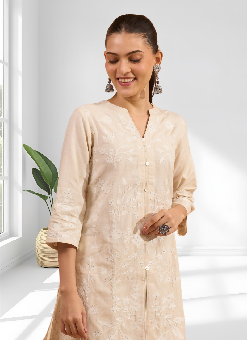 Cream Linen Embroidered Cord Set with Split V-Neck