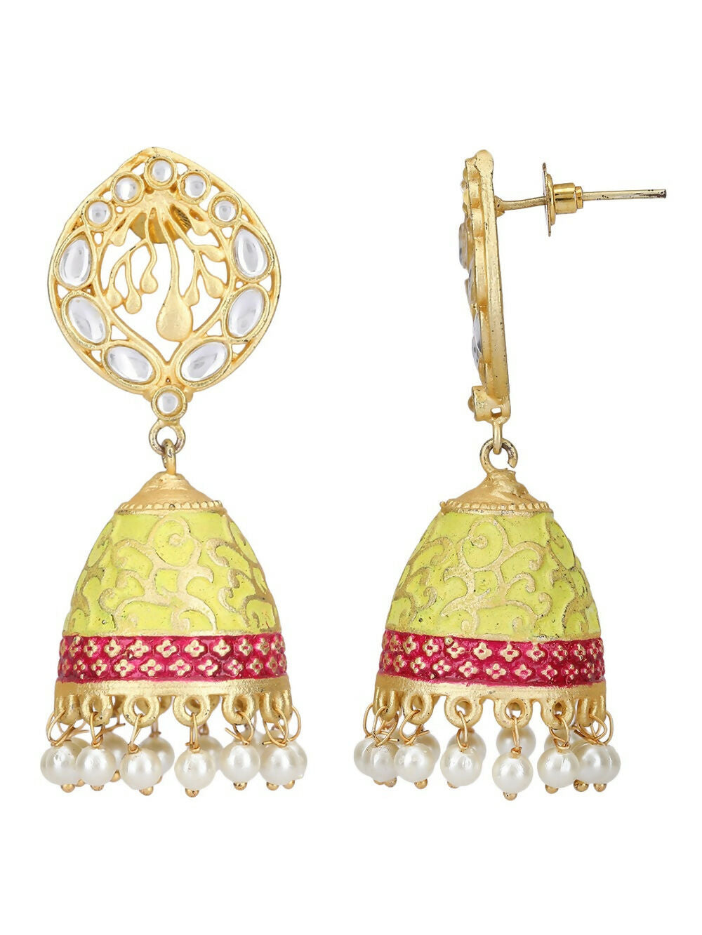 Matte Gold Jhumka Earrings with White Pearls and Crystal Accents