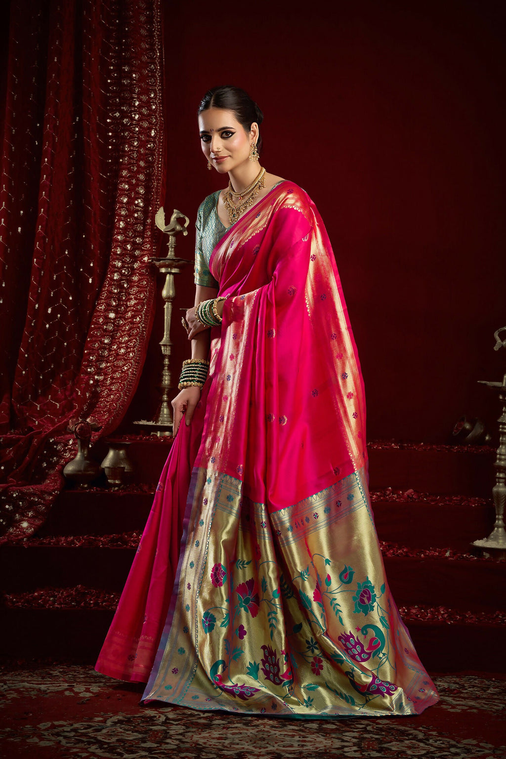 Pink Paithani Silk Blend Saree with Traditional Butti Work
