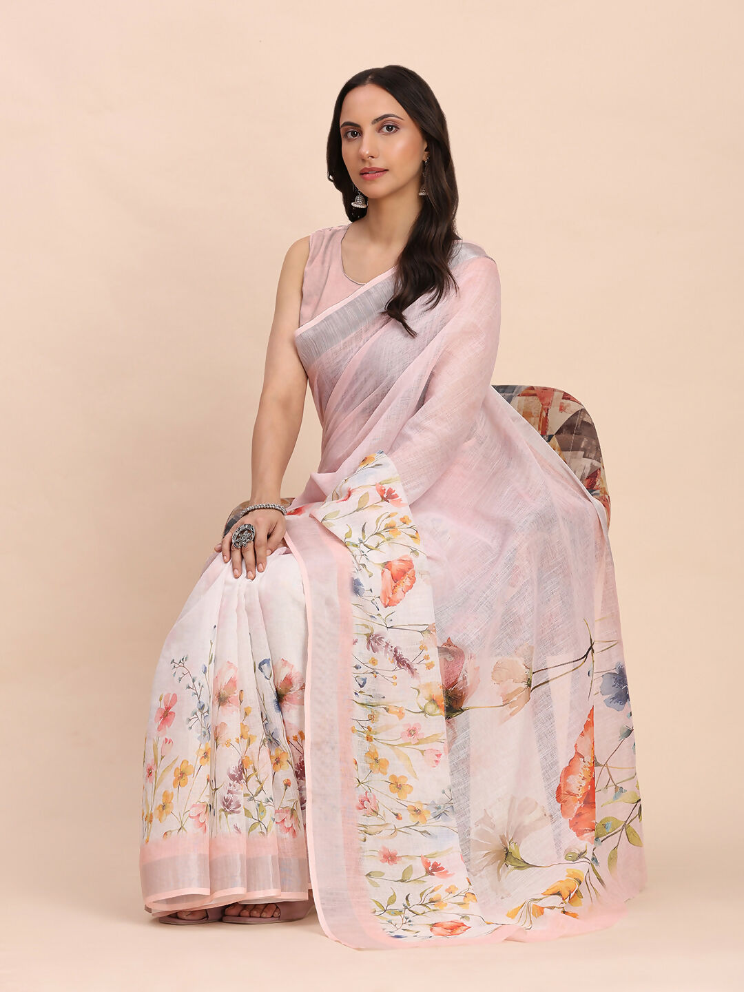 Light Pink Linen Cotton Saree with Matching Blouse