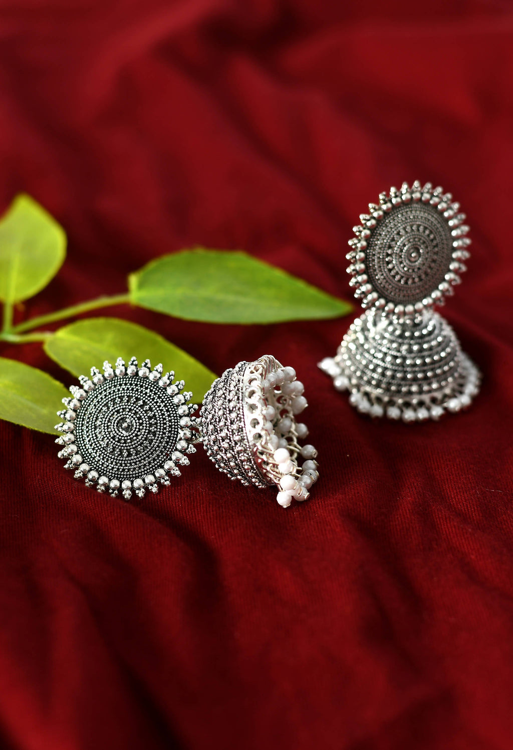 Silver Jhumka Earrings with White Pearl Accents for Women