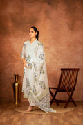 Off white and blue hand block printed cotton suit set on a display mannequin