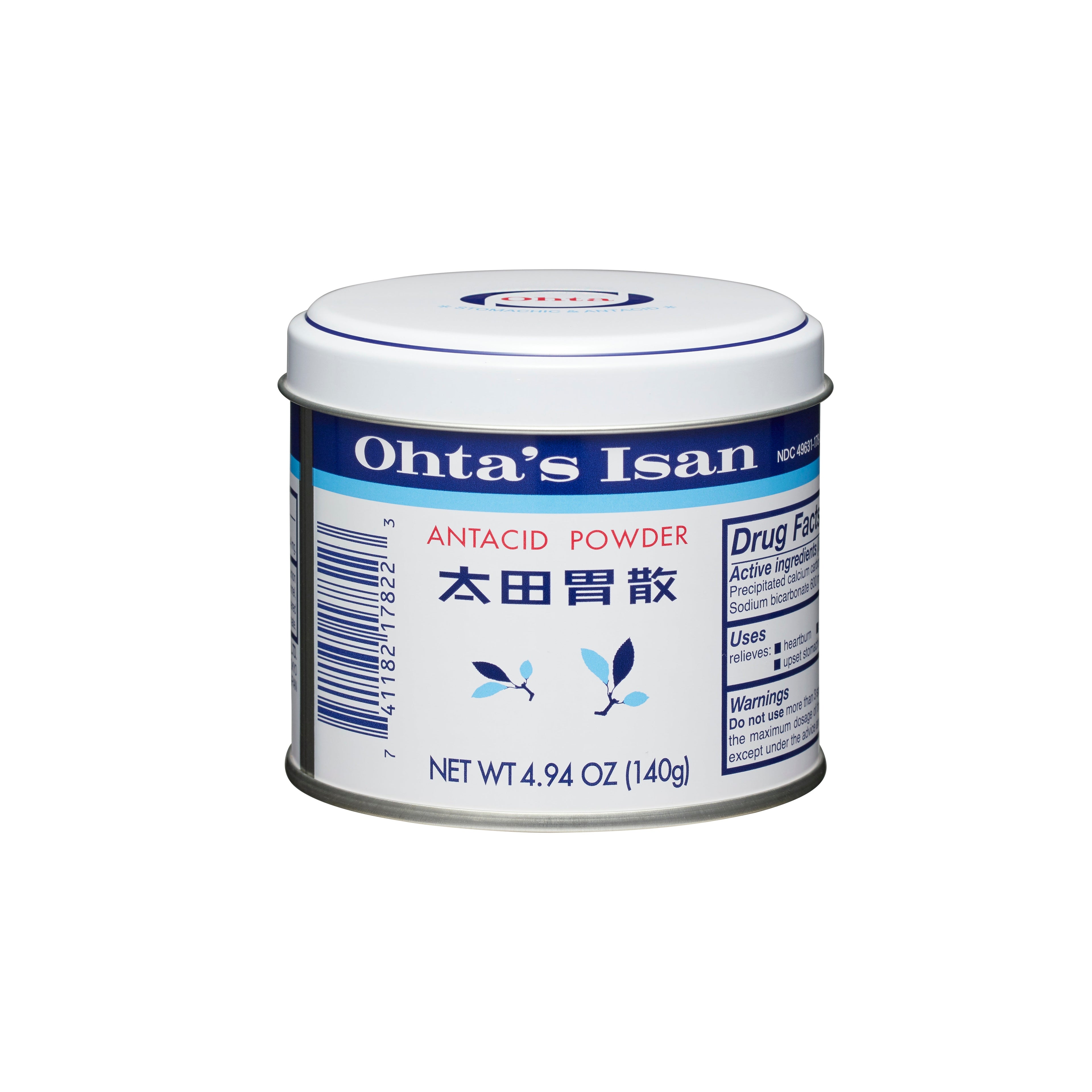 A white and blue can of Ohta's Isan herbal antacid powder for digestive health