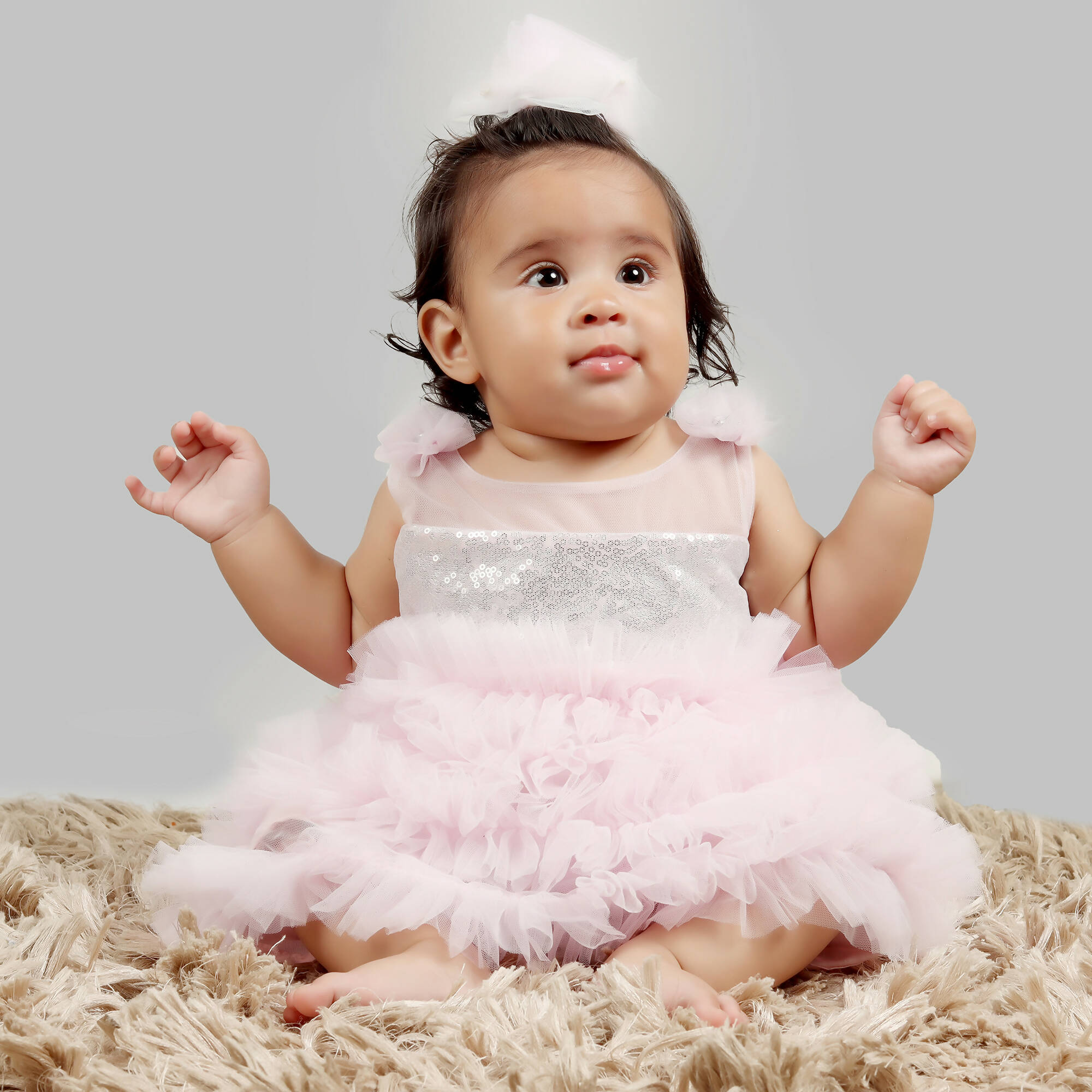 Girls Pink and Grey Sequin Gown with Frill Hem and Floral Detail