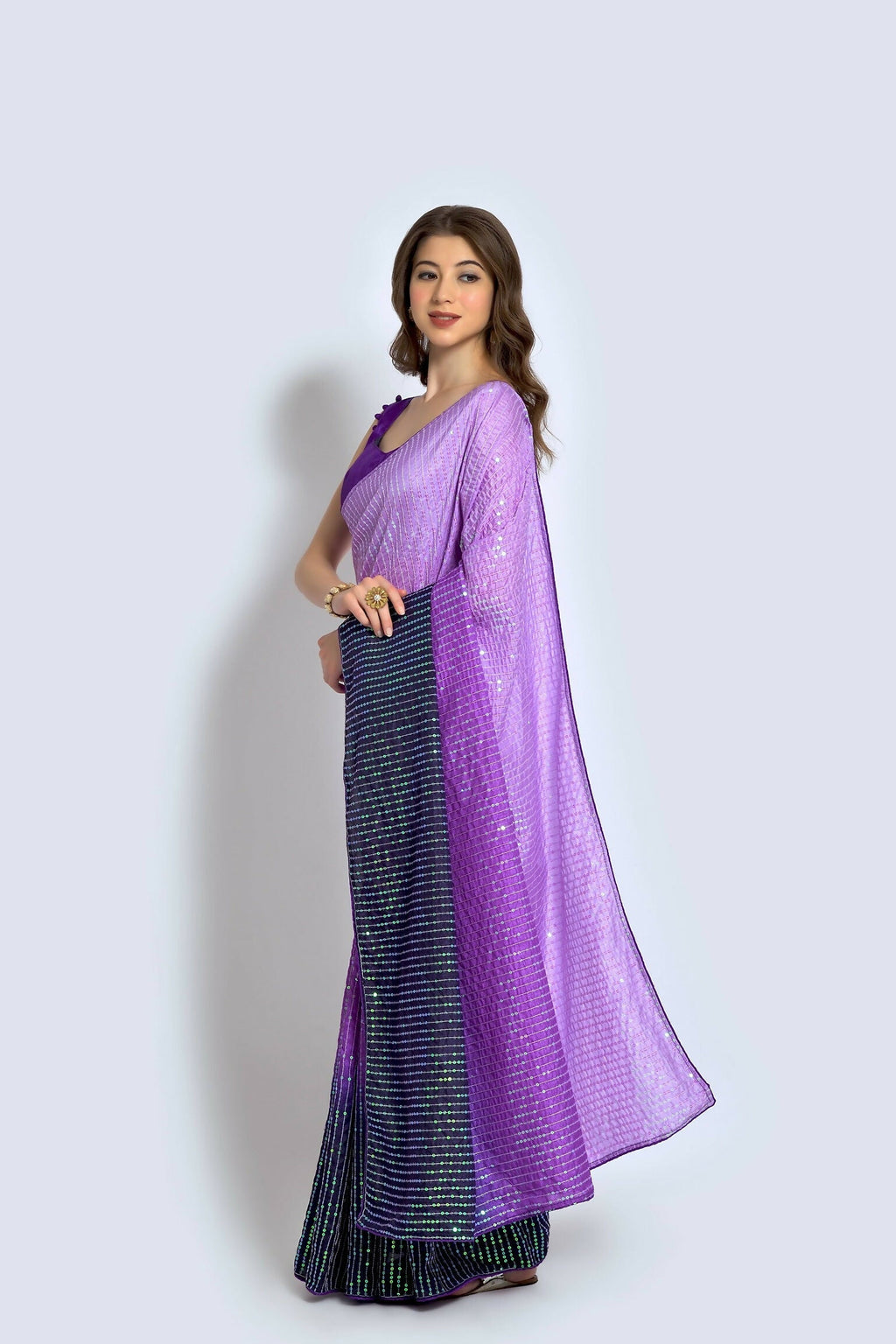 Lavender Vichitra Silk Embroidered Saree with Matching Blouse