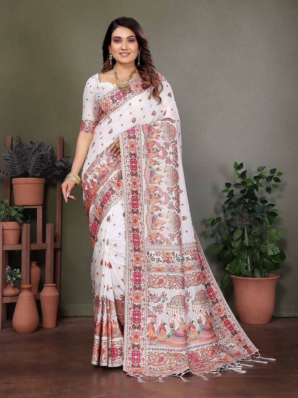 Elegant white soft silk saree with intricate thread weave patterns and unstitched blouse