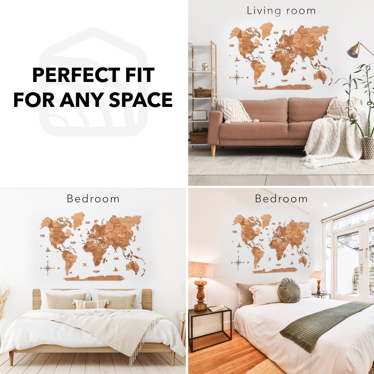 3D Wooden World Map Oak Modern Travel-Inspired Wall Art