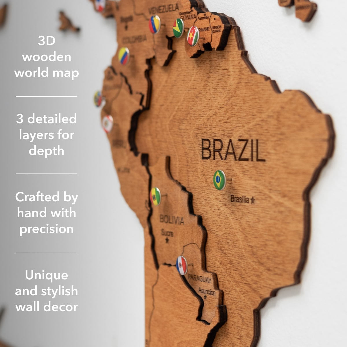 3D Wooden World Map Oak Modern Travel-Inspired Wall Art