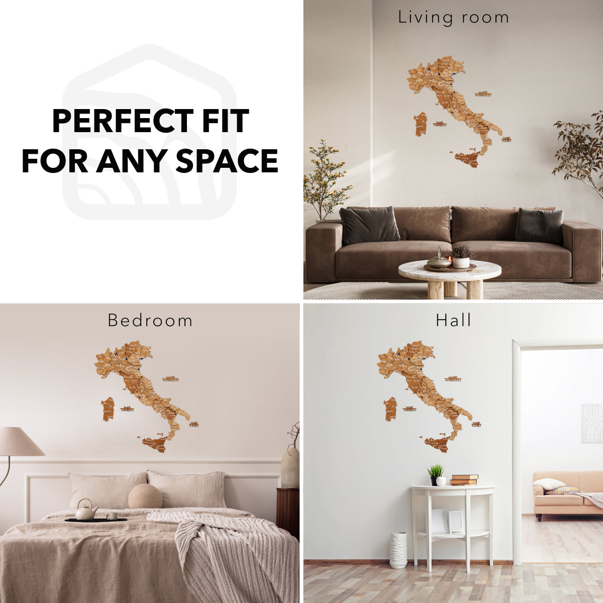 Oak Wooden Map of Italy – Minimalist Nature-Inspired Wall Art