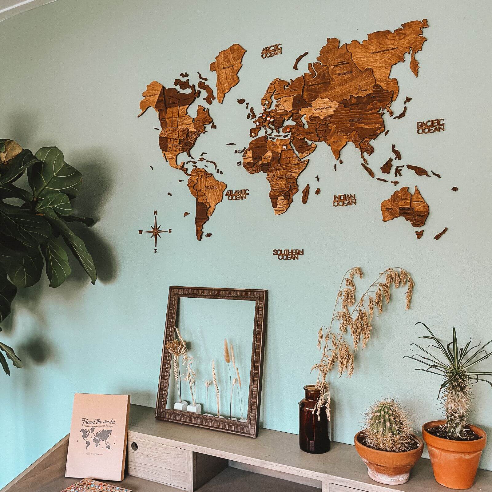World Map Wall Art Set with Flag Push Pins in Brown Tan Beige