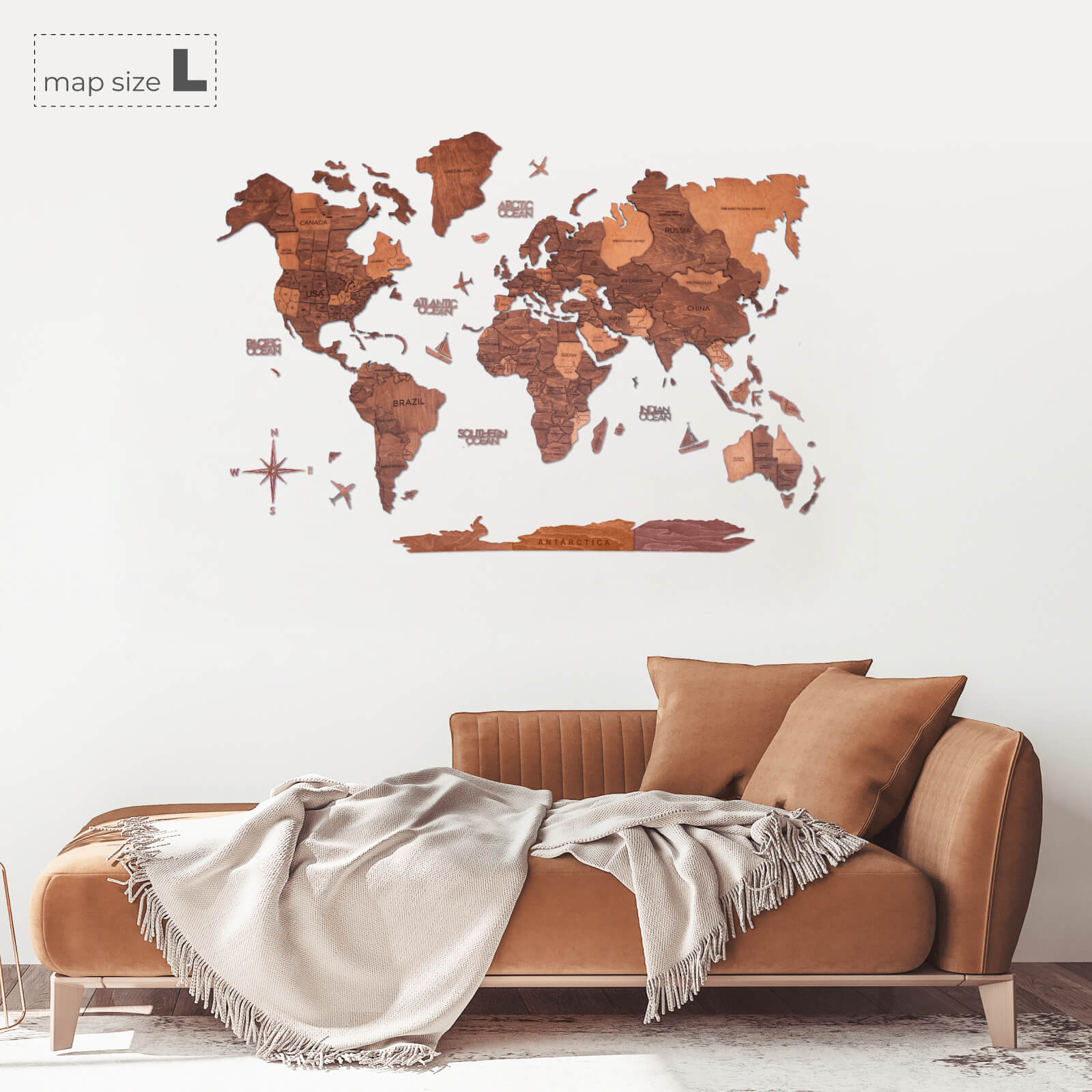 3D Wooden World Map in Oak for Modern Nature-Inspired Decor