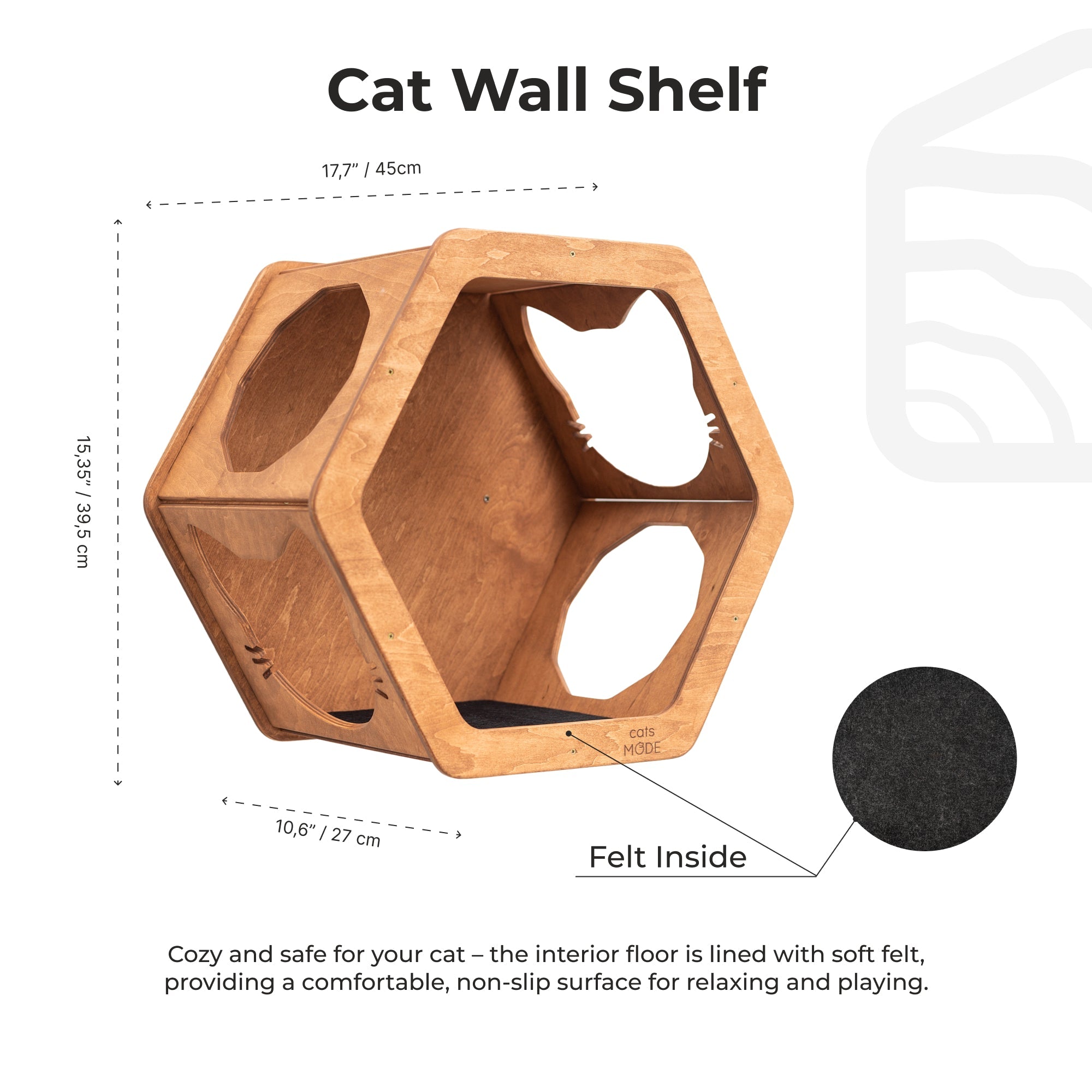 Modern Wooden Cat Wall Shelf in Oak and Black - Hexagon Design