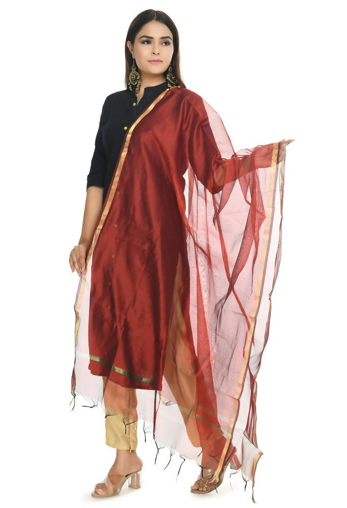 Maroon Chanderi fabric dupatta featuring a traditional Banarsi piping border