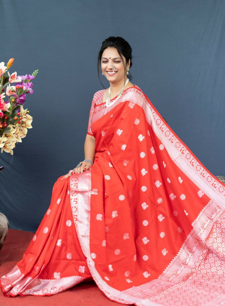 Red Soft Banarasi Silk Saree with Classic Zari Woven Border