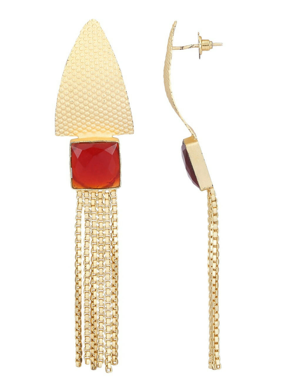Long Matte Gold Dangle Earrings with Red Stone