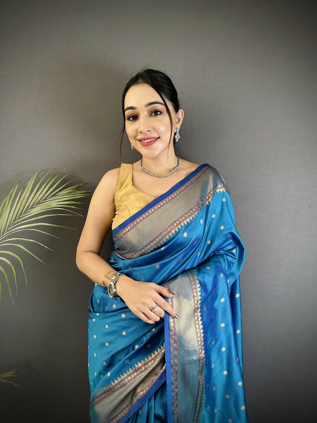 Blue Butti Woven Soft Lichi Silk Paithani Saree with Blouse
