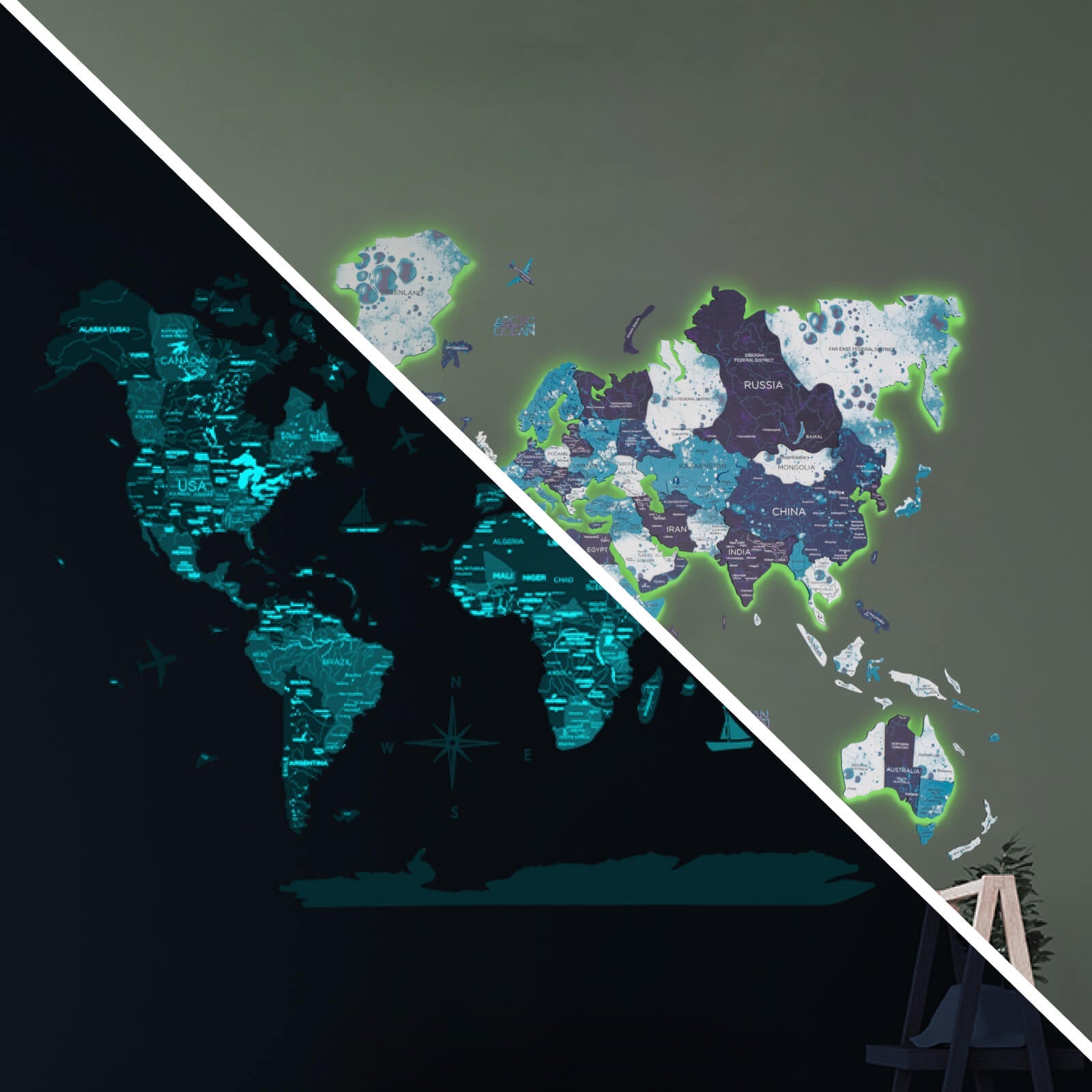 3D LED Luminous Wooden World Map 3.0 Ocean Interactive Wall Art