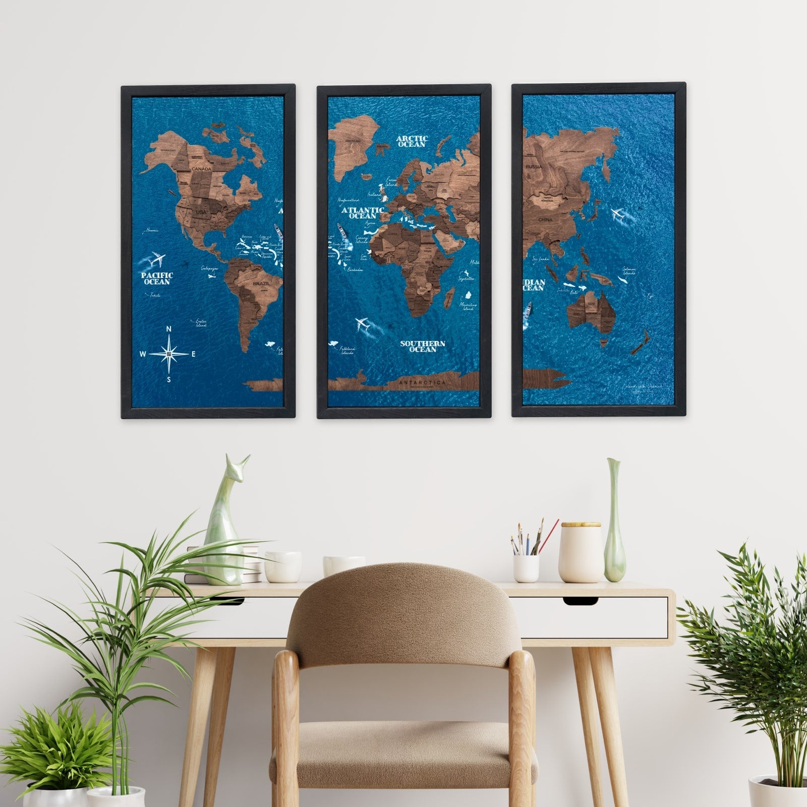 Triptych Wooden World Map Dark Walnut Modern Minimalist Wall Art