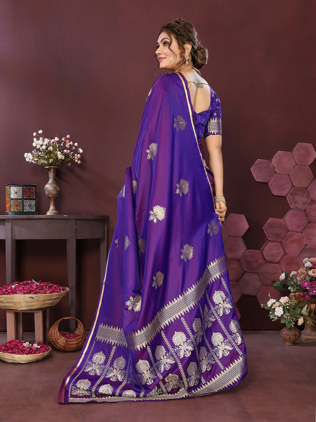 Purple Banarasi Silk Saree with Elegant Floral Motifs