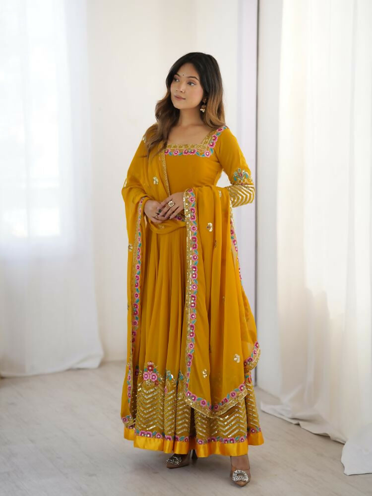 Mustard Georgette Sequence Embroidery Readymade Kurta Set