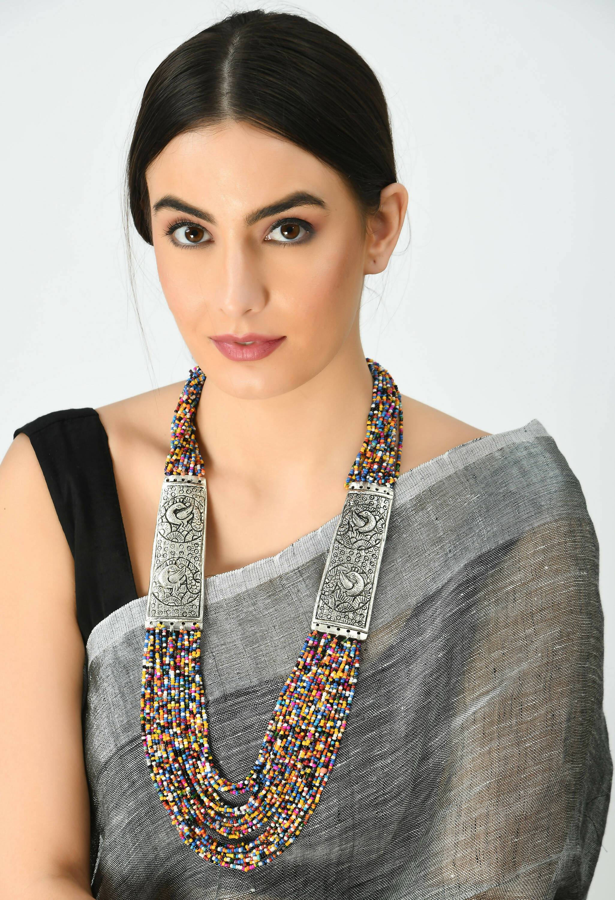 Oxidised Multi Bead Long Statement Necklace for Ethnic Fusion