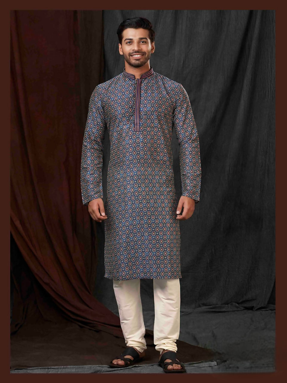 Men's multicolor geometric digital print kurta in art silk with matching pants