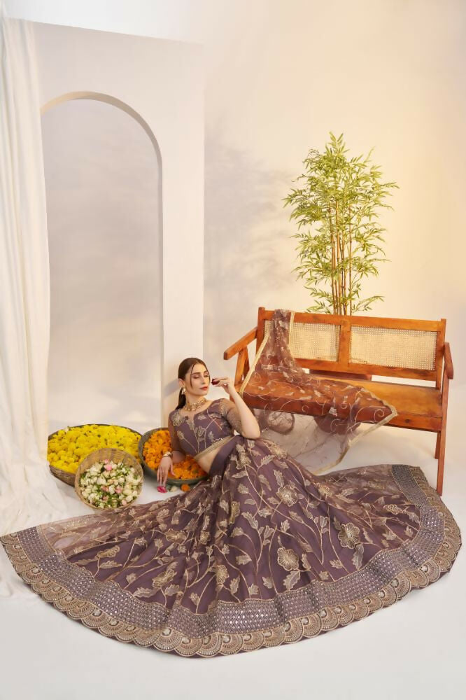 Dark Onion Butterfly Net Wedding Lehenga Choli with Zari Embroidery